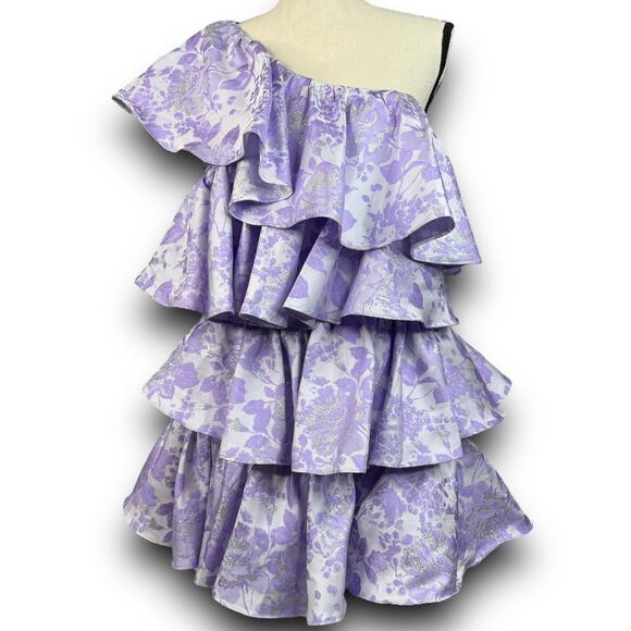 ASOS LUXE Ruffle One Shoulder Jacquard Mini Dress Purple Silver 6 Runs Small - Picture 2 of 9